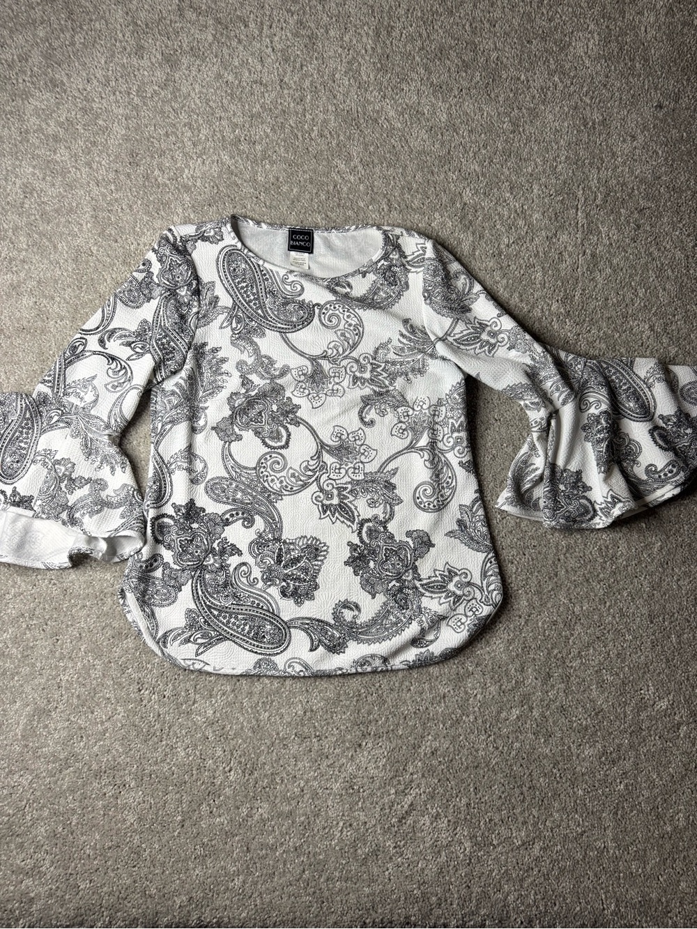 Coco Bianco White Blouse with Black Paisley Print & Bell Sleeves